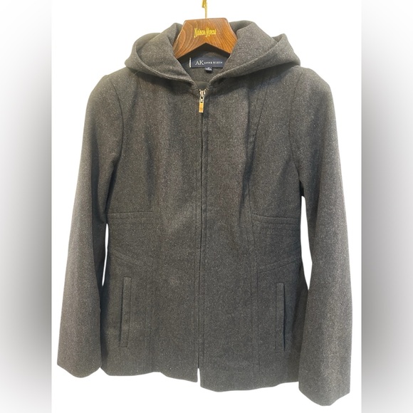 Anne Klein AK Charcoal Grey Hooded Zip-Up Wool Blend Jacket Side Pickets Size M - Picture 5 of 13